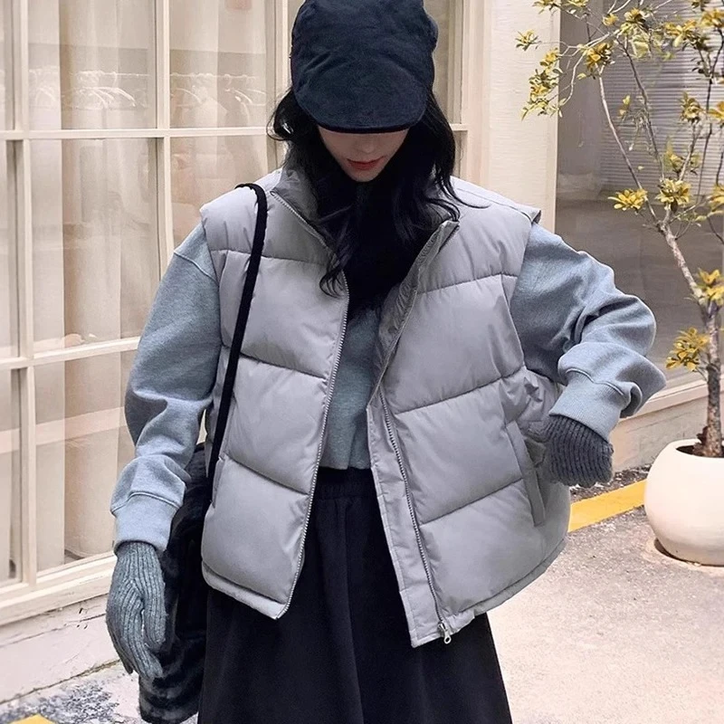 Fashion Double Sided Women's Cotton Vest Autumn Winter Stand Collar Thick Sleeveless Jacket Solid Color Loose Warm Waistcoat