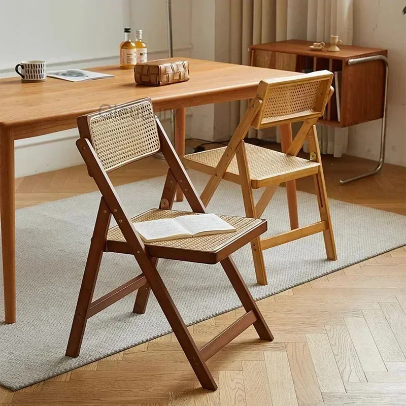 Dining Chair Rattan Household Nanzhu Folding Solid Wood Stool Backrest Dining Chair Sillas Para Comedor Scandinavian Furniture