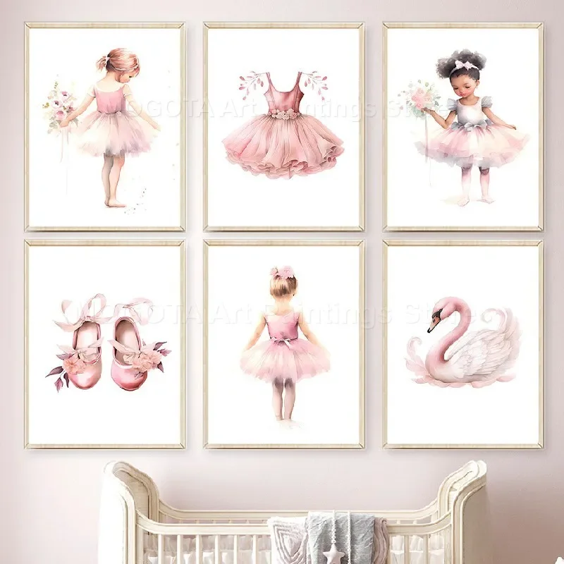 1PC Ballerina Girl Dress Shoes Flower Swan Crown Pink Posters And Prints Nursery Wall Art Canvas Painting Pictures Kids Room