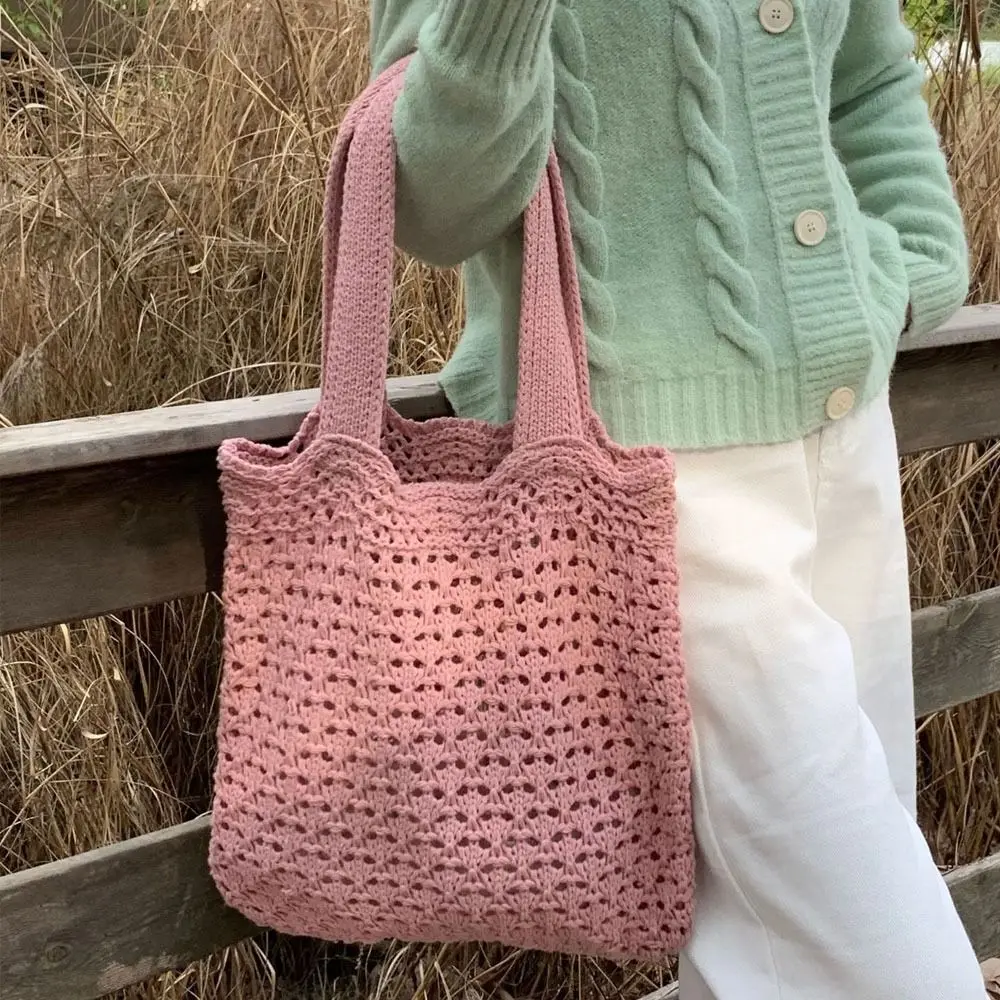 Women Large Capacity Knitted Shoulder Bags Retro Hollow Woven Knitted Braid Shopping Tote Shopper Bags  Crochet Handbags