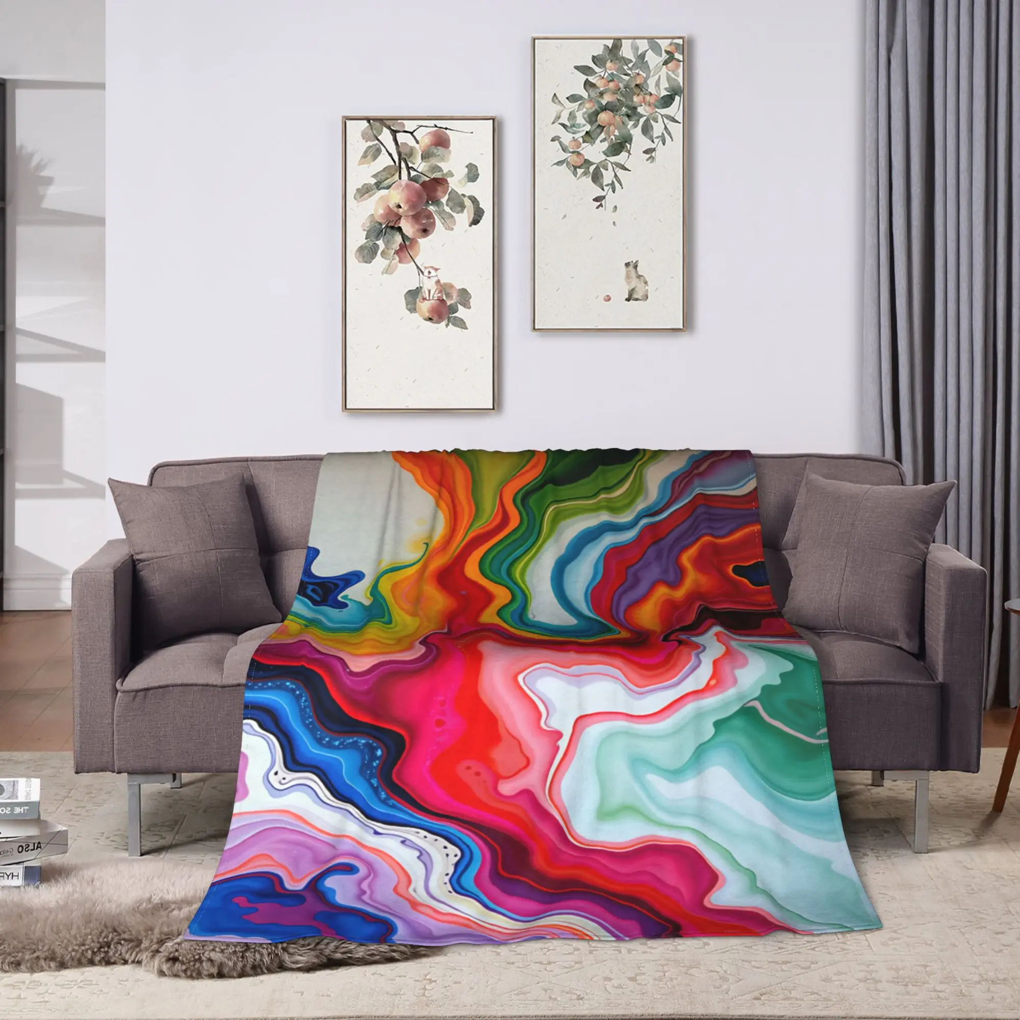 Rainbow Alcohol Ink Liquid Marble Blanket Autumn  Soft Cozy Throw Blanket For Kids Adults Outdoor Flannel Bedspread Bed Cover