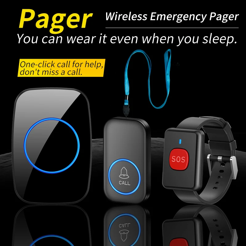 CACAZI Smart Wireless Caregiver Pager Call Button 1000ft Range 60 Ringtones Elderly Nurse Alert System for Elderly Monitoring