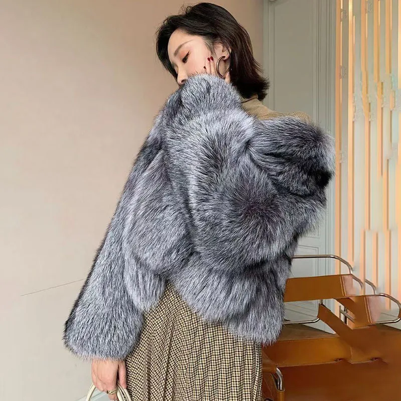 Formal Fur Jacket Women Short Overcoat Autumn Winter Loose Thick Warm Parker Coats Silver Fox Fur Luxury High-End Mao Mao Coat