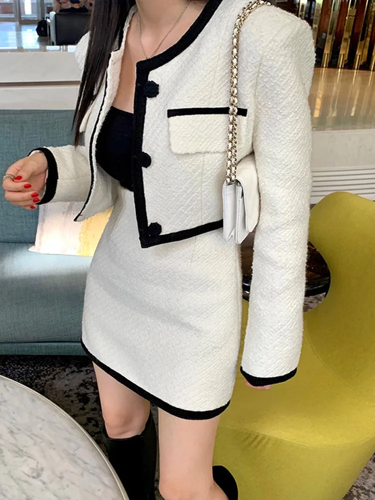 

Small Fragrance Women Fashion Tweed Two Piece Sets Long Sleeve Short Jacket Coat + Mini Skirts Autumn Elegant Office OL Outfits