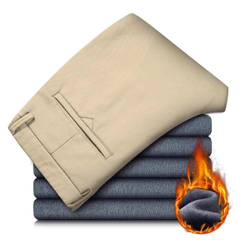 

Новая зимняя мужская одежда, теплые повседневные брюки, 98% хлопок, флис, прямые деловые утепленные мужские брюки, эластичные классические бархатные брюки