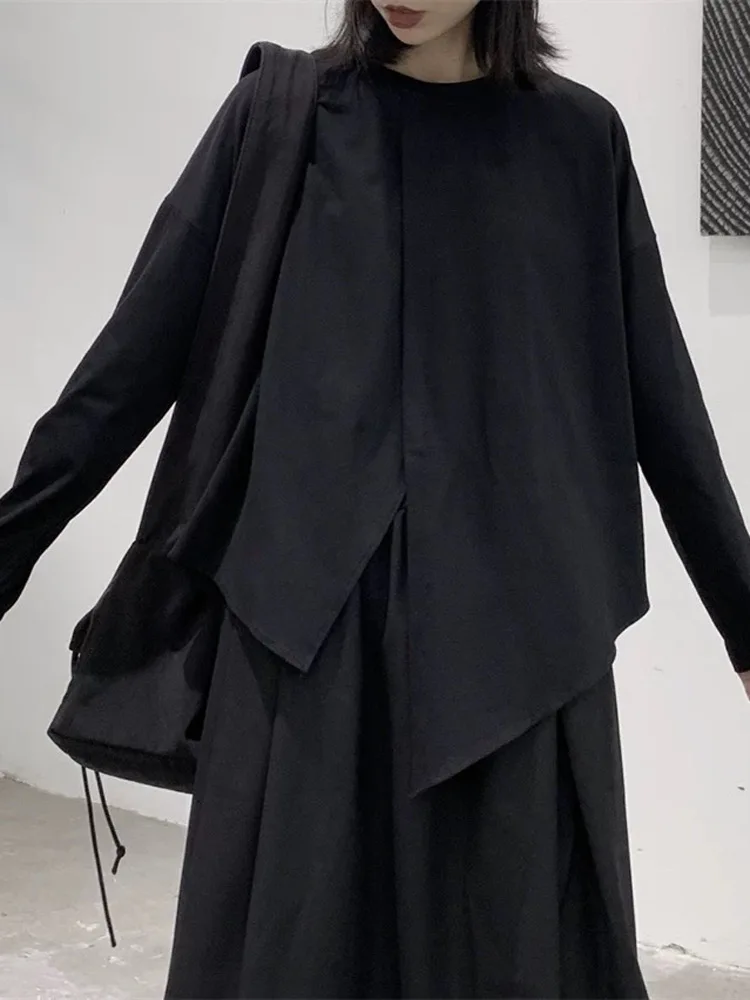 

Dark Mountain Long Sleeve T-Shirt Women's Asymmetrical Front Back Slit Loose Slimming Unique Design Mid-Length Base Shirt