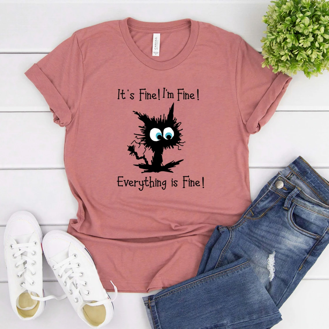 It's Fine I'm Fine Everything Is Fine Funny Cat T-Shirt Sarcastic T Shirt Women Graphic T Shirts Short Sleeve Casual Tops Tshirt