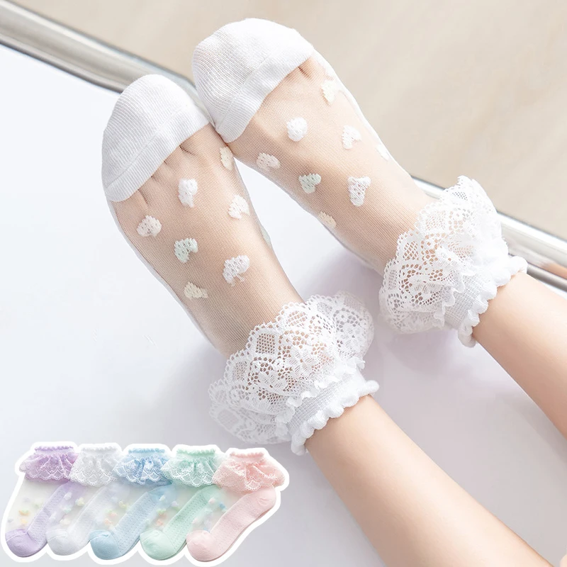 5Pairs/set Summer Thin Mesh Cotton Kids Lace Ruffle Socks Princess Cute White Heart White Ankle Socks for Baby Children Girls