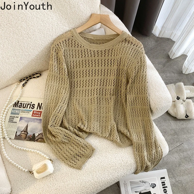 Sueter Mujer Fashion Sweaters Tops Women\'s Clothing Long Sleeve O-neck Jumper Casual Knitted Hollow Out Summer Cropped Pullovers