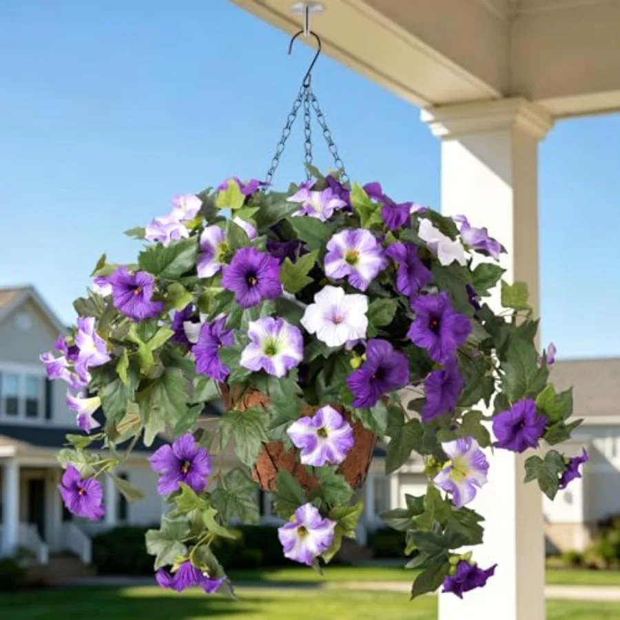 

Artificial Hanging Fake Flowers with Basket Plants for Outdoor Decoration, Faux Silk Flower UV Resistant Morning Glory for Home