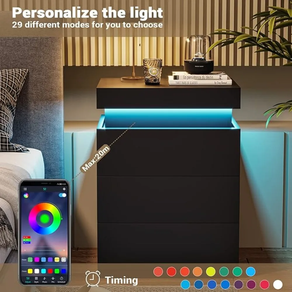 Mesita de noche LED con 3 cajones para dormitorio, luces de 16 colores y 2 puertos ca y USB, mesita de noche para dormitorio