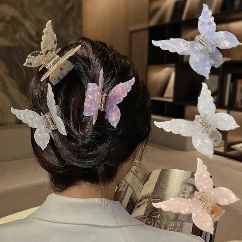

New French Retro Butterfly Hair Clips Acetate Hair Claw Clip Sweet Cute Fairy Gradient Hairclips Girls Trendy Hair Accessories