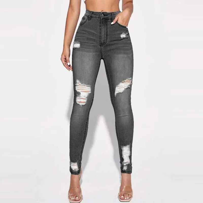 New In Women Fashion Mid Waist Ripped Hole Jeans Casual High Street Denim Pants Sexy Frayed Slim Fit Pencil Pants for Women