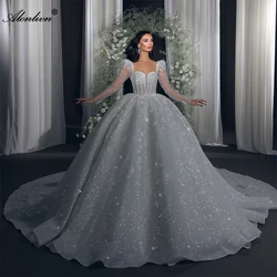 Alonlivn Luxurious Lace Sweetheart Ball Gown Wedding Dresses Beading Pearls Crystals Full Sleeves Princess Bridal Gowns
