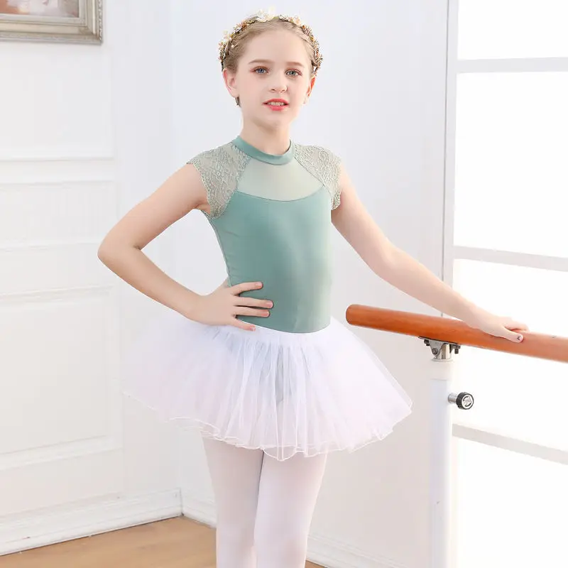 Cute Girls Dance Ballet Sets Lace Leotard Tutu Summer Child Short Sleeve Bodysuit Skirts for Dancewear Performance