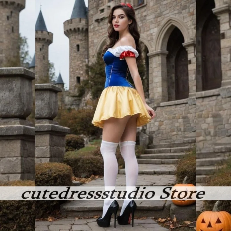 Robe de bal bleu Royal et jaune, épaules dénudées, Cosplay, blanche-neige, Convention de bande dessinée, robe de Cocktail, robes de soirée personnalisées