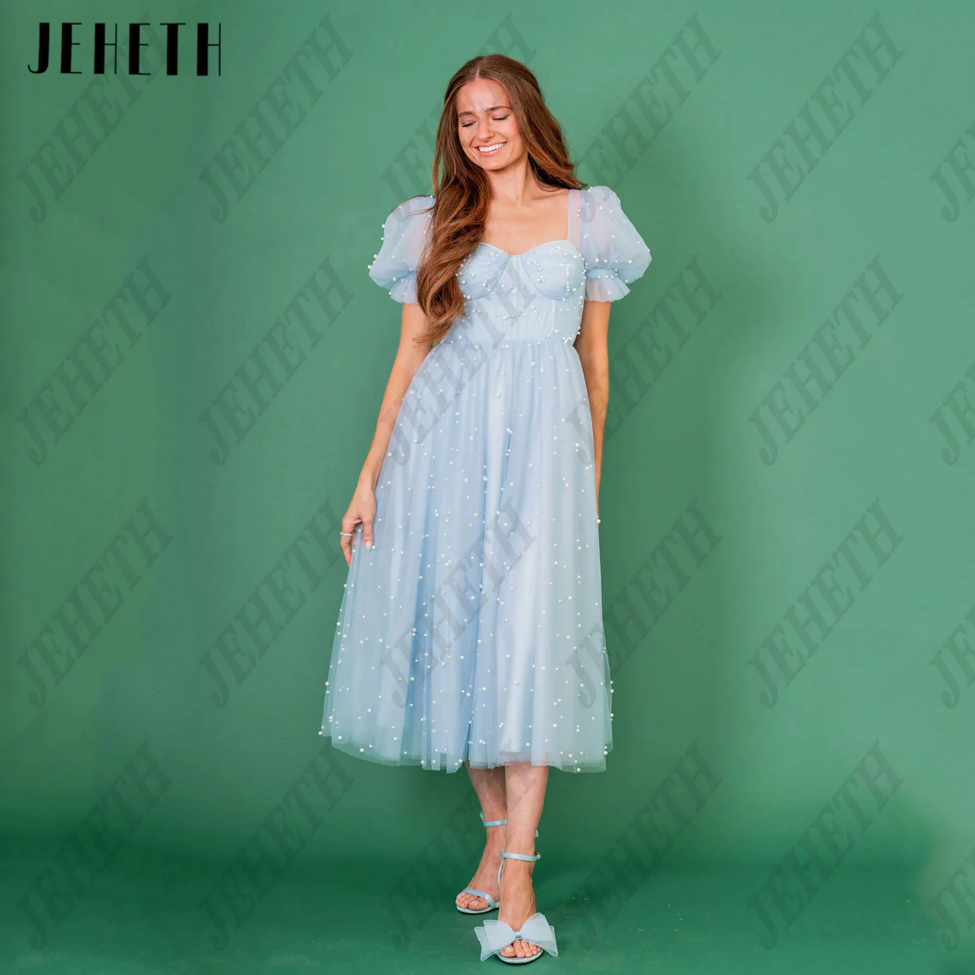 

JEHETH A-line Beading Tulle Prom Dress Sweetheart Puff Sleeve Corset Midi Evening Party Dresses Vestidos de noche Customized