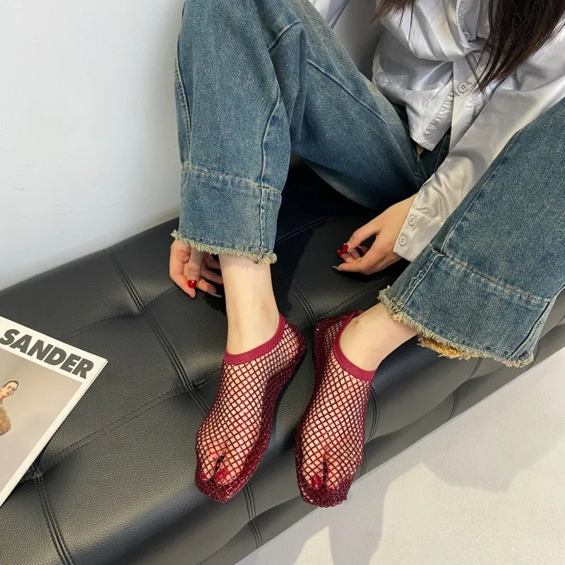2026 Summer Fashion Mesh Rhinestone Designer Sandals Comfortable Beach Women's Fishnet Shoes Sexy Slip-on Women's Flat Sandals