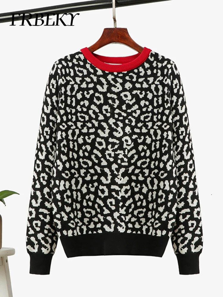 Sweater Woman Autumn Winter Leopard Print Long Sleeve Round Neck Knit Sweater Pullover Oversized Top Knitted Jumpers Knitwear