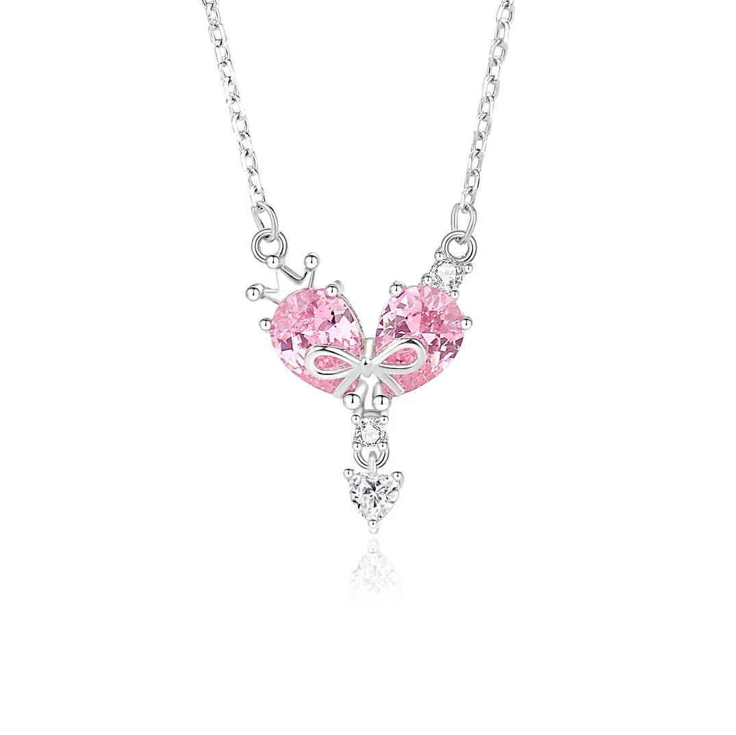 

S925 Silver Love Bow Necklace for Women Original Design Tanabata Valentine's Day Joker Chain Heart Shape Pattern for Gift