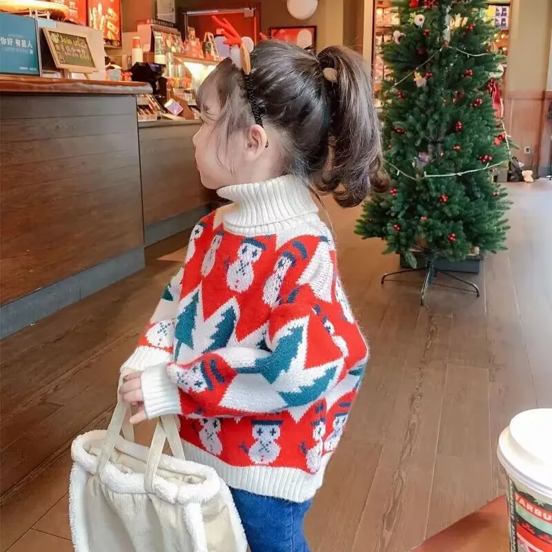 

Girls' Baby Sweater 2023 New Autumn/Winter Thickened Pullover Warm High Neck Sweater Children's Christmas Knit Top