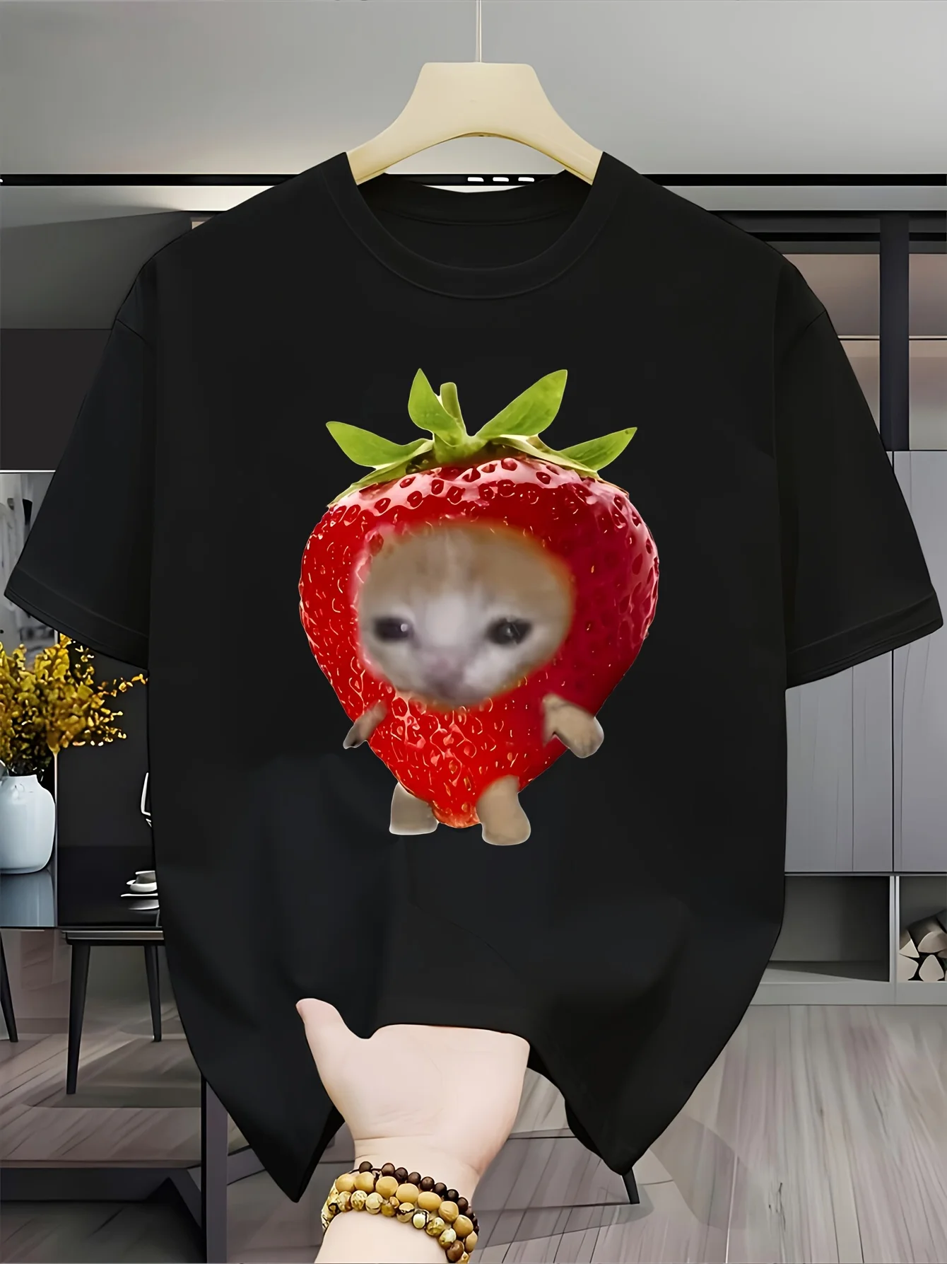 

Funny Strawberry Cat Meme T-Shirt, Cute Sad Cat Graphic Tee, Humorous Animal Fruit Print Summer Top, Kawaii Streetwear for Women
