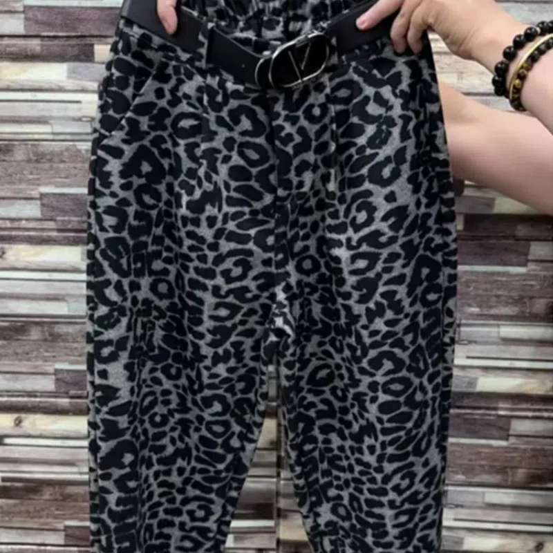 Calça elástica de cintura alta feminina, estampa leopardo casual e solta, calça harém versátil, emendada, bolso com zíper, moda, outono e inverno, 2024