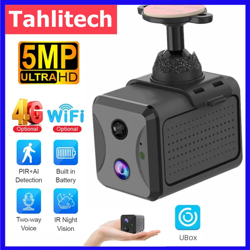 Tahlitech 5MP 4G SIM Mini Camera Wireless Wifi IP Cameras Humanoid Detection Battery Power CCTV Home Surveillance Camera Ubox