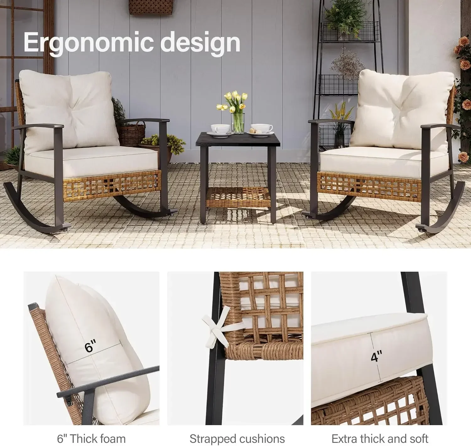 3-Piece Rocking Bistro Set, Outdoor Patio Furniture with Thick Cushions and 2-Tier Coffee Table, Oversize Rattan Conversation Se