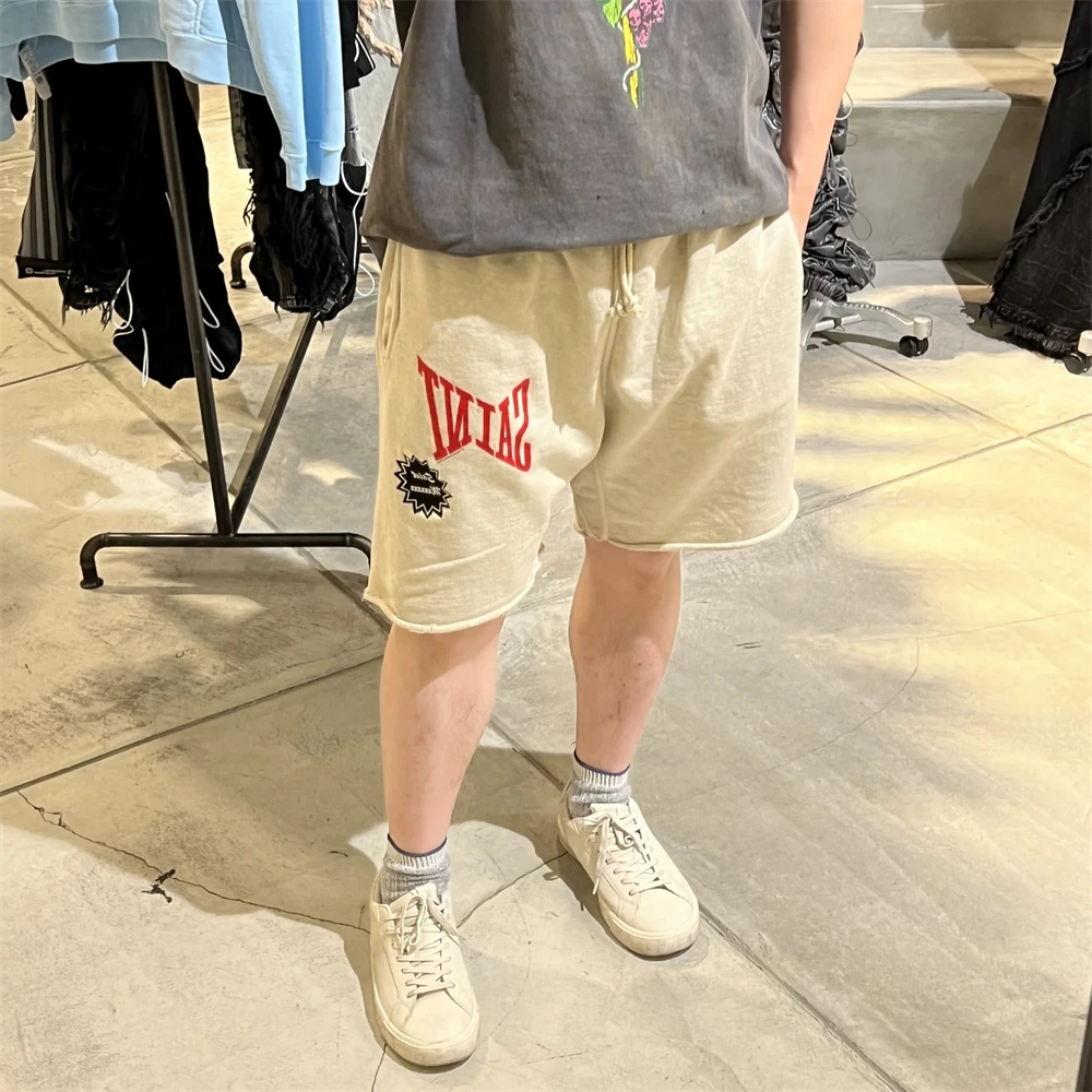 European and American high street trendy hip-hop SAINT letter embroidered drawstring oversized sports casual shorts for summer