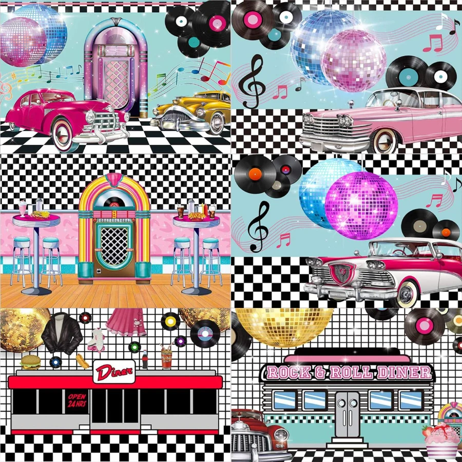 

50s Diner Photography Backdrop 1950s Sock Hop Rock Party Background Photo Shooting Studio Props Party Decor Banner Poster