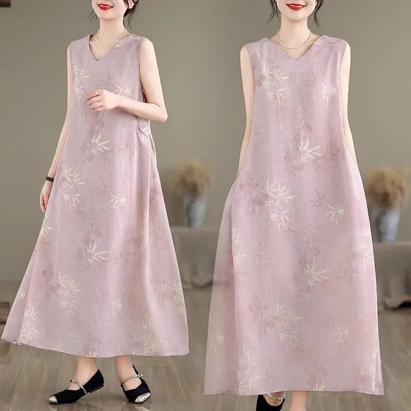 

2025 New Luxury Large Size Sleeveless V-Neck Midi Vest Dress for Spring Summer, Casual Stretch Women's Dress G159