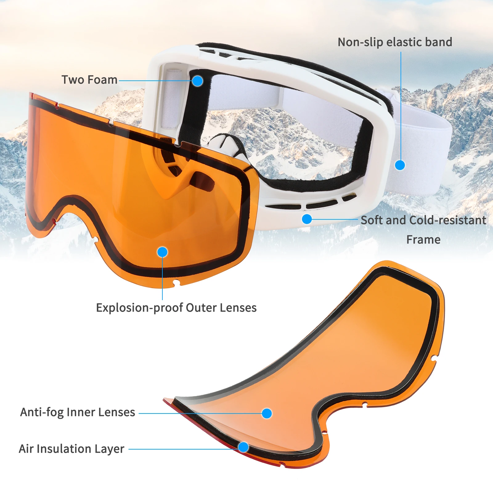 Ski Goggles with a Hard EVA Pressure Case UV400 Protection Anti-fog Snow Glasses TPU Frame