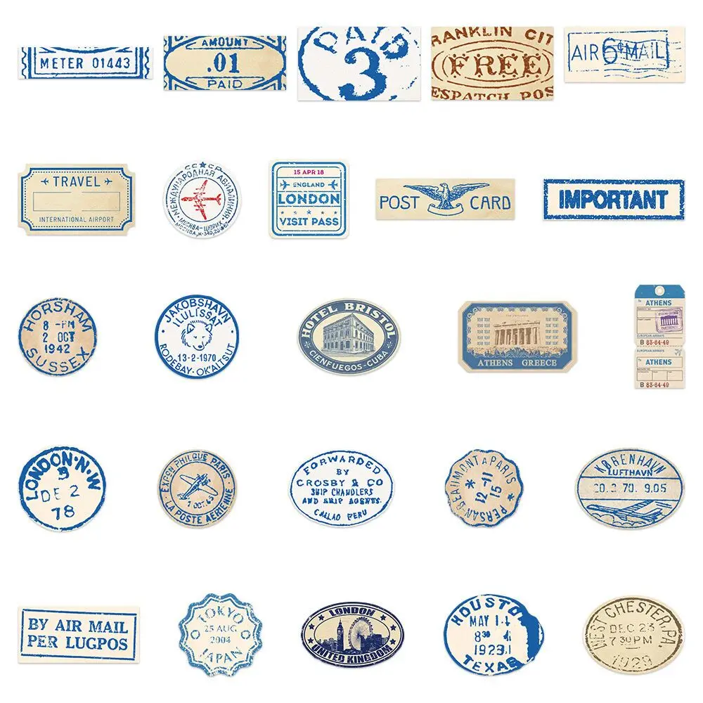 10/50pcs Vintage Postmark Travel Stickers Retro Letterhead Stamp Seal Decals DIY Suitcase Luggage Trolley Case Graffiti Sticker