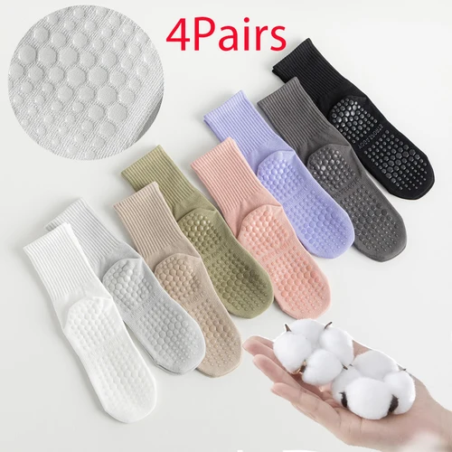 Imagen 1 del producto 4 pares de calcetines 100% de algodón para mujer, calcetines antideslizantes de invierno para Yoga, Pilates, silicona, Fitness, gimnasio interior, entrenamiento, calcetines de suelo, tubo medio