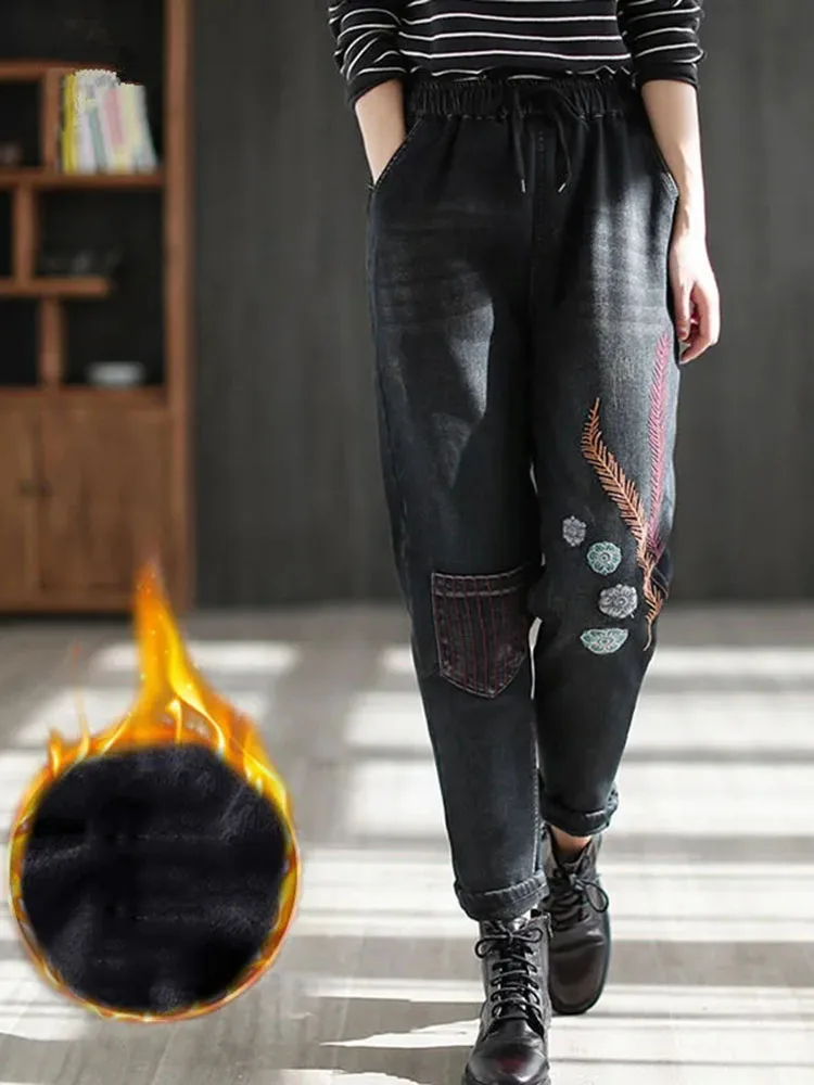 Winter Oversize 5xl Plush Velvet Harem Jeans Vintage Womens Embroidery Denim Pants Warm Thicken Fleece Vaqueros Casual Baggy New