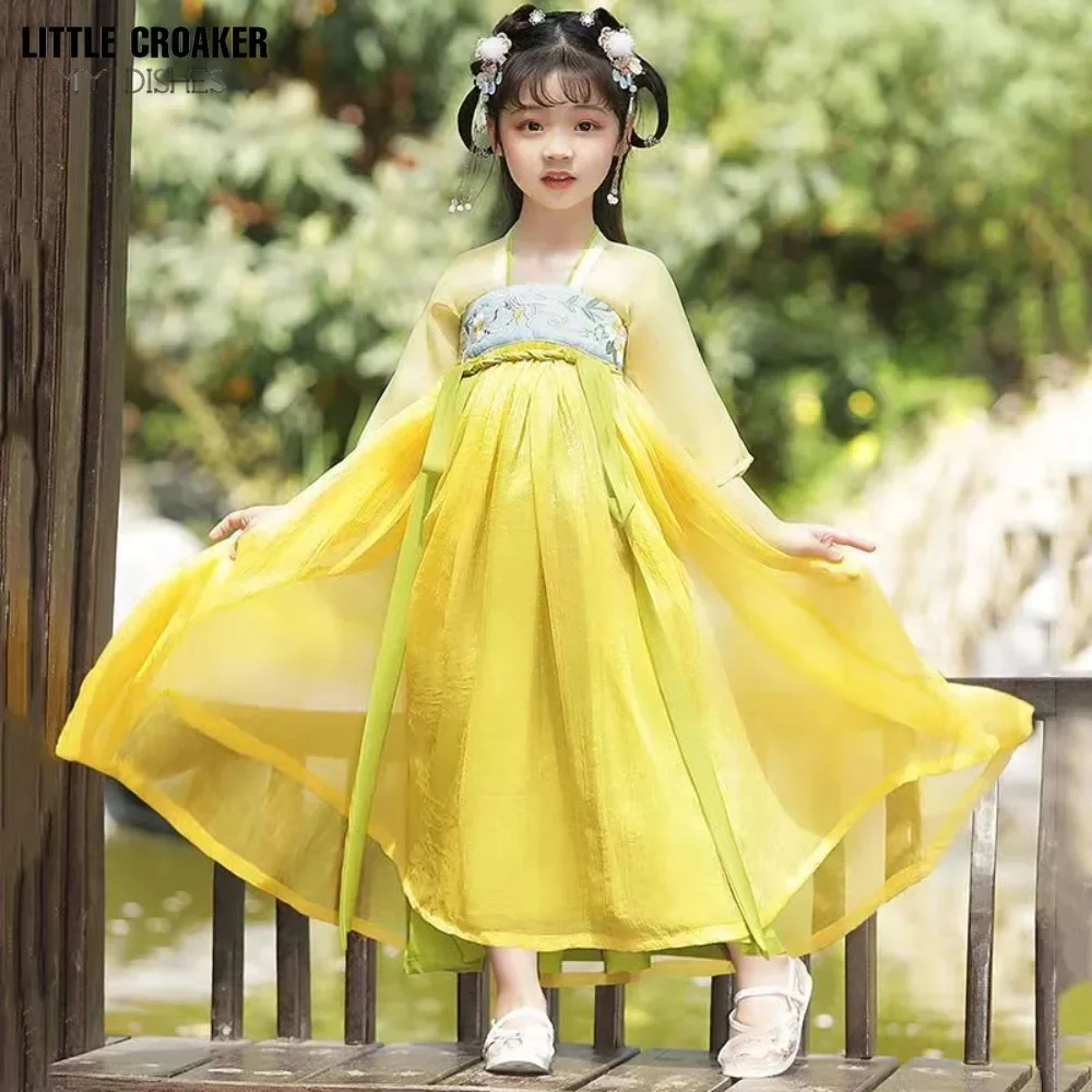 

Girls Hanfu Clothing Chinese Ancient Costume Yellow Chinese Traditional Dress for Kids Stage Wear Children Hanfu Cosplay