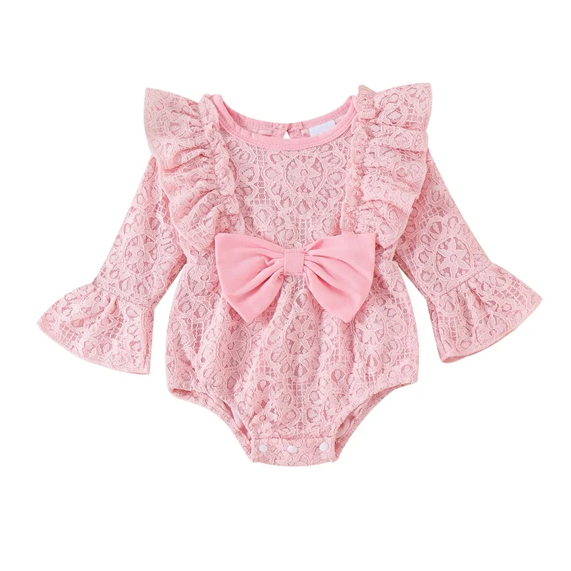 Baby Girls Floral Lace Romper Ruffled 3D Bow Long Bell Sleeve Adorable Fall Jumpsuit