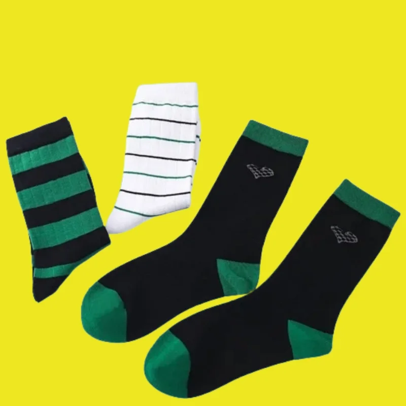 3/6 Pairs Men's Socks Green Striped Socks Mid-tube Socks Trend Summer Street Hip-hop Sports Personality Skateboard Fashion Socks