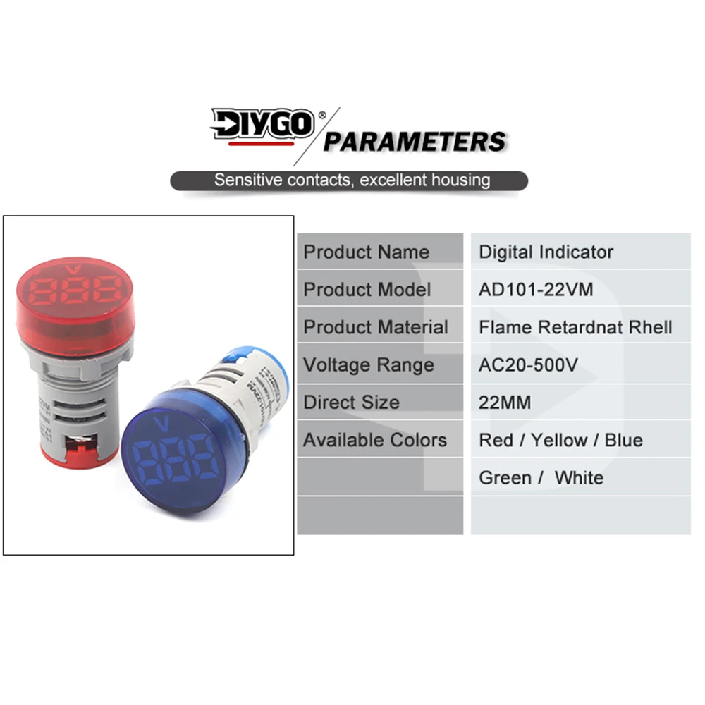 DIY YOU 22 mm rundes, mattiertes digitales Voltmeter-Messgerät, Volt-Spannungsprüfer, LED-Anzeige, Pilot-Lampe, Lichtanzeige, AC 20–500 V