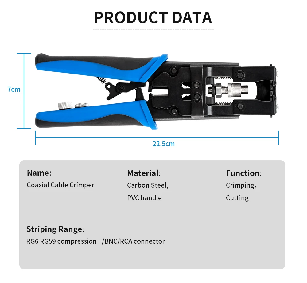 CCTV-Kamera-Installationswerkzeug-Set, Kompressionszange für F/BNC/RCA-Anschluss, RG-58/59/62/6 (3C/4C/5C), Typ Kabelabisolierer-Set – Detail 1
