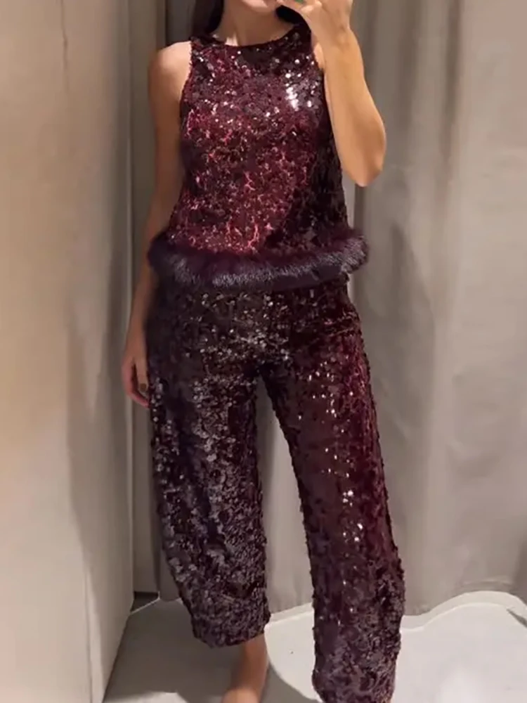 

Модные блестящие тонкие женские уличные комплекты, элегантные меховые широкие брюки, наряды в рождественском стиле, наряды без рукавов с блестками