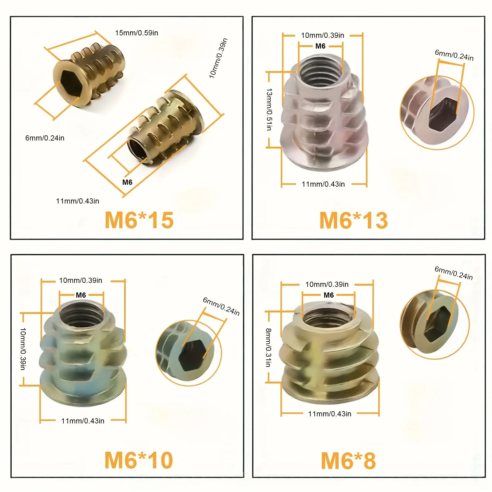 230 Pcs Hexagonal Threaded Inserts for Wood Furniture, Bolt Fastener Joints, M4 To M10 Internal Thread and External Thread.