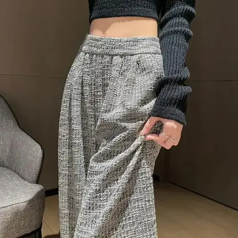 Tweed-stil dambyxor Bell Bottoms vår höst ny design bantning lös passform casual byxor raka ben draperade 10 best sales tweedbyxor - №10