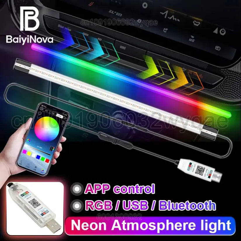 

Динамическая RGB-подсветка для автомобиля, управление через приложение, светодиодная лента с плавной сменой цветов, декоративная подсветка салона автомобиля.