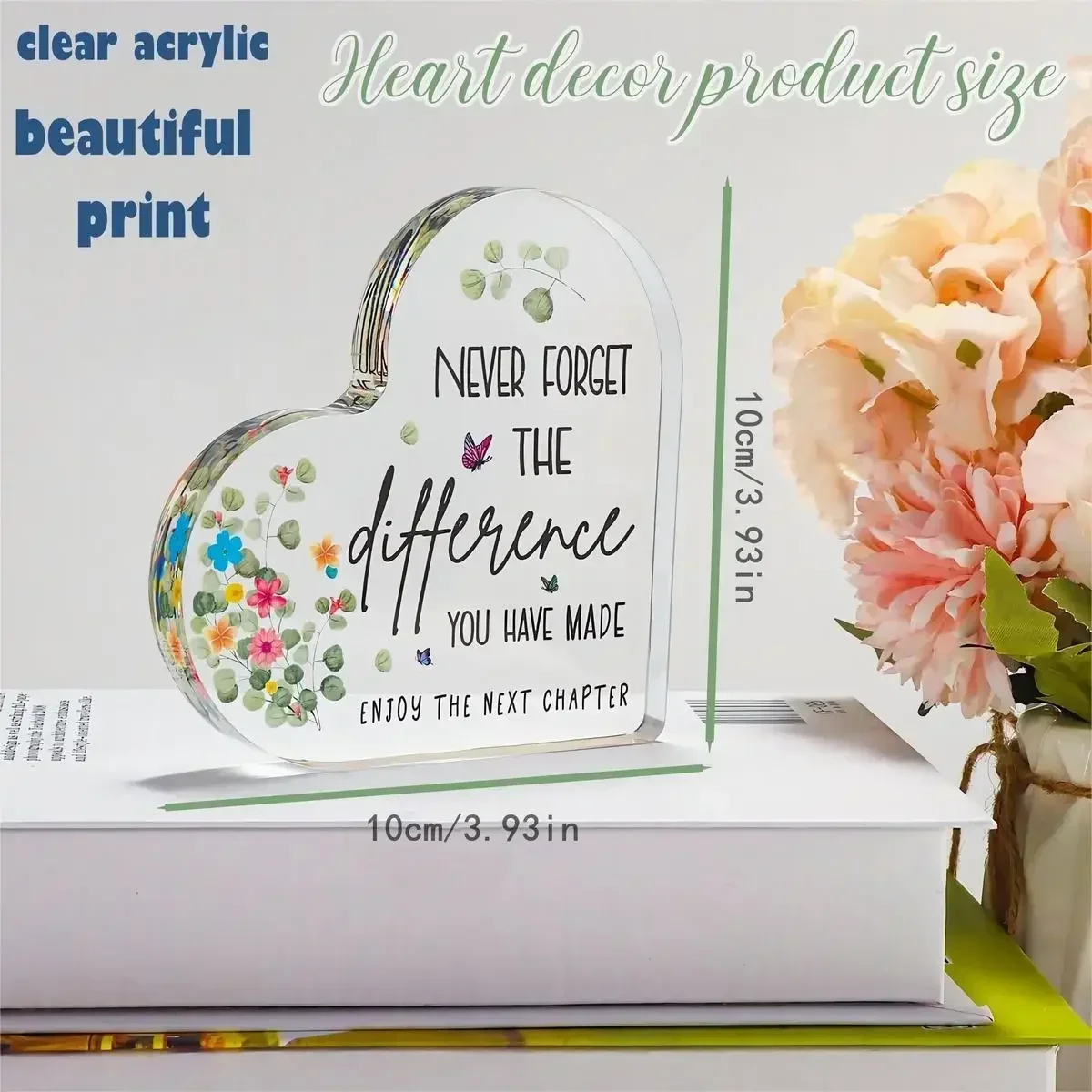 Heart Acrylic Desk Plaque Gift, Never Forget The Difference You Have Made Inspirational Tabletop Ornament Colleague resignation, retirement, farewell gift, office desk decoration heart-shaped acrylic logo gift