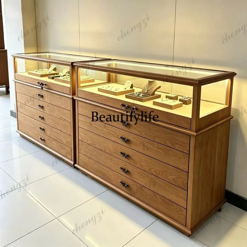 Vintage Solid Wood Jewelry Display Jade, Glass Showcase Jewelry Silver Jewelry Cultural Relics Nakajima Counter