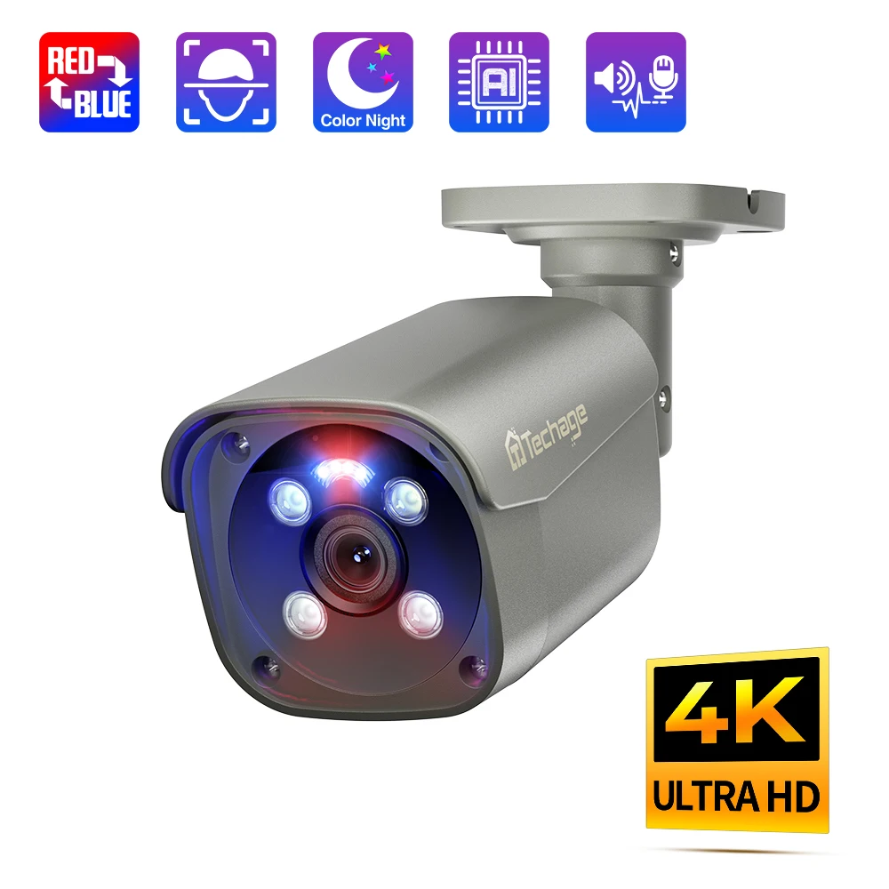 Techage Kamera CCTV pintar AI, kamera IP Audio dua arah penglihatan malam deteksi manusia 4K 8MP 5MP keamanan POE