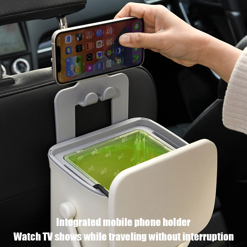 Versatile Car Trash Can with Phone Holder Waterproof Plastic Car Backseat Hanging Style Organizer Bucket with Odor-resistant Lid