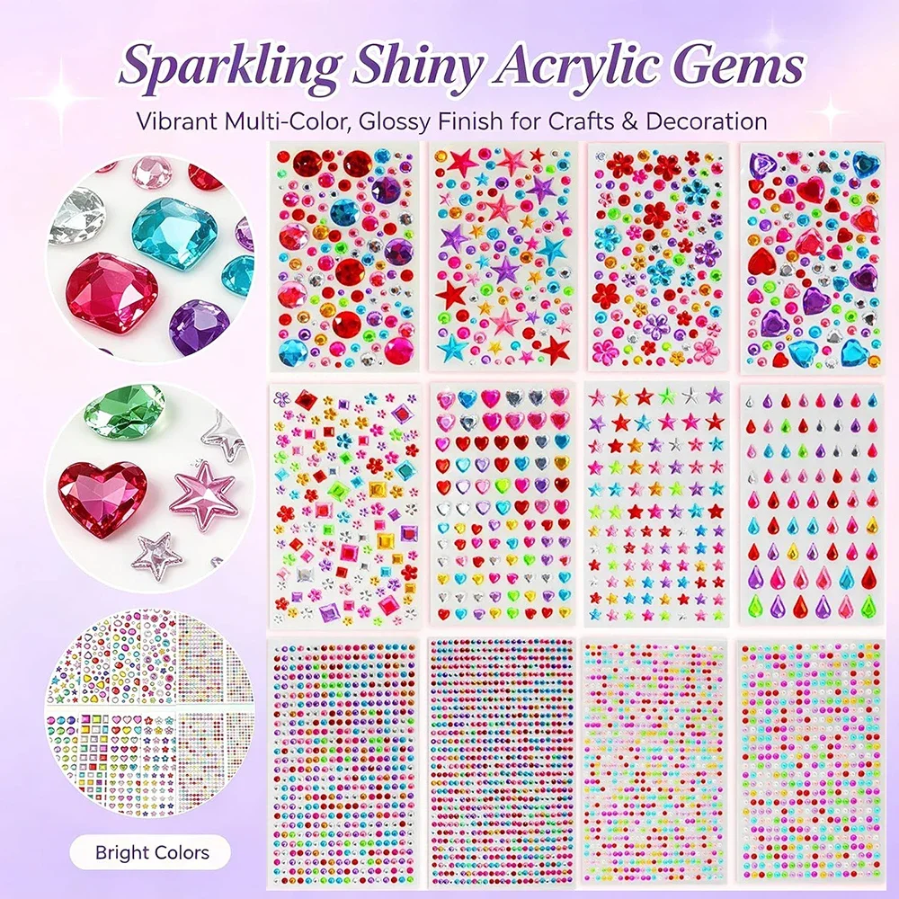 12 Sheets 3228Pcs Self Adhesive Gem Stickers Colorful Nail Acrylic Rhinestone Jewels Assorted Shapes Sizes Bling Kids DIY Crafts